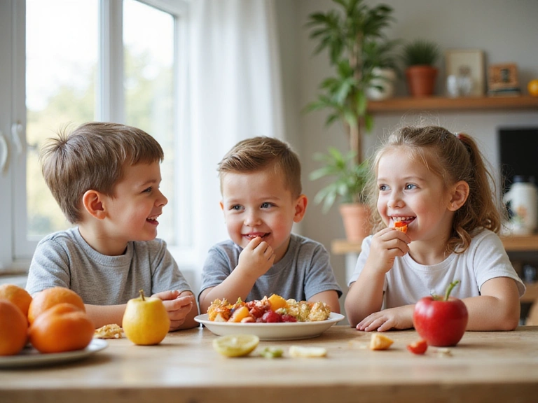 Χαρούμενα παιδιά που τρώνε υγιεινά σνακ, συμβολίζοντας την παιδική διατροφή