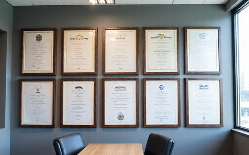Διάφορα διπλώματα και πιστοποιητικά πλαισιωμένα σε ένα γραφείο